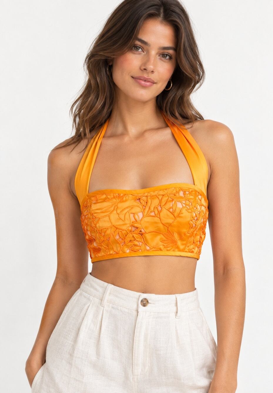 Ramy Brook NWT Lina Satin Orange Floral Tie Crop Halter Top size 4